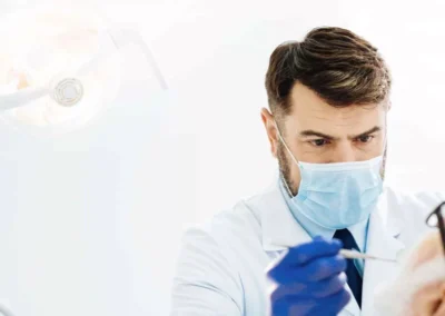 Dr. Francisco Pampín. Especialista en cirugía oral y maxilofacial. Se encuentra con su uniforme blanco y guantes examinando un paciente en SVG Clínica Dental.