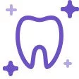 Silueta morada de molar con pequeñas estrellas en la 4 esquinas. Icono morado para sección servicio de tratamiento de conducto molares y dientes de adelante en SVG Clínica Dental